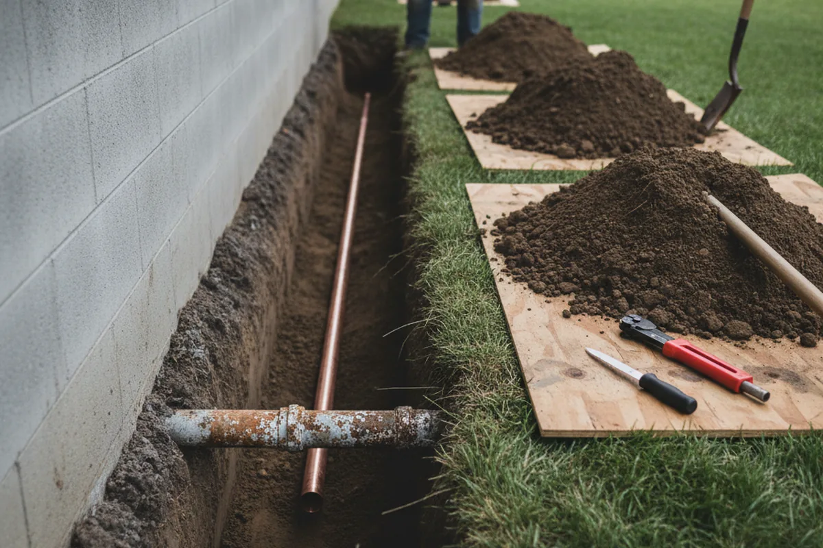 Excavated water line trench during Water Softener Installation in Central